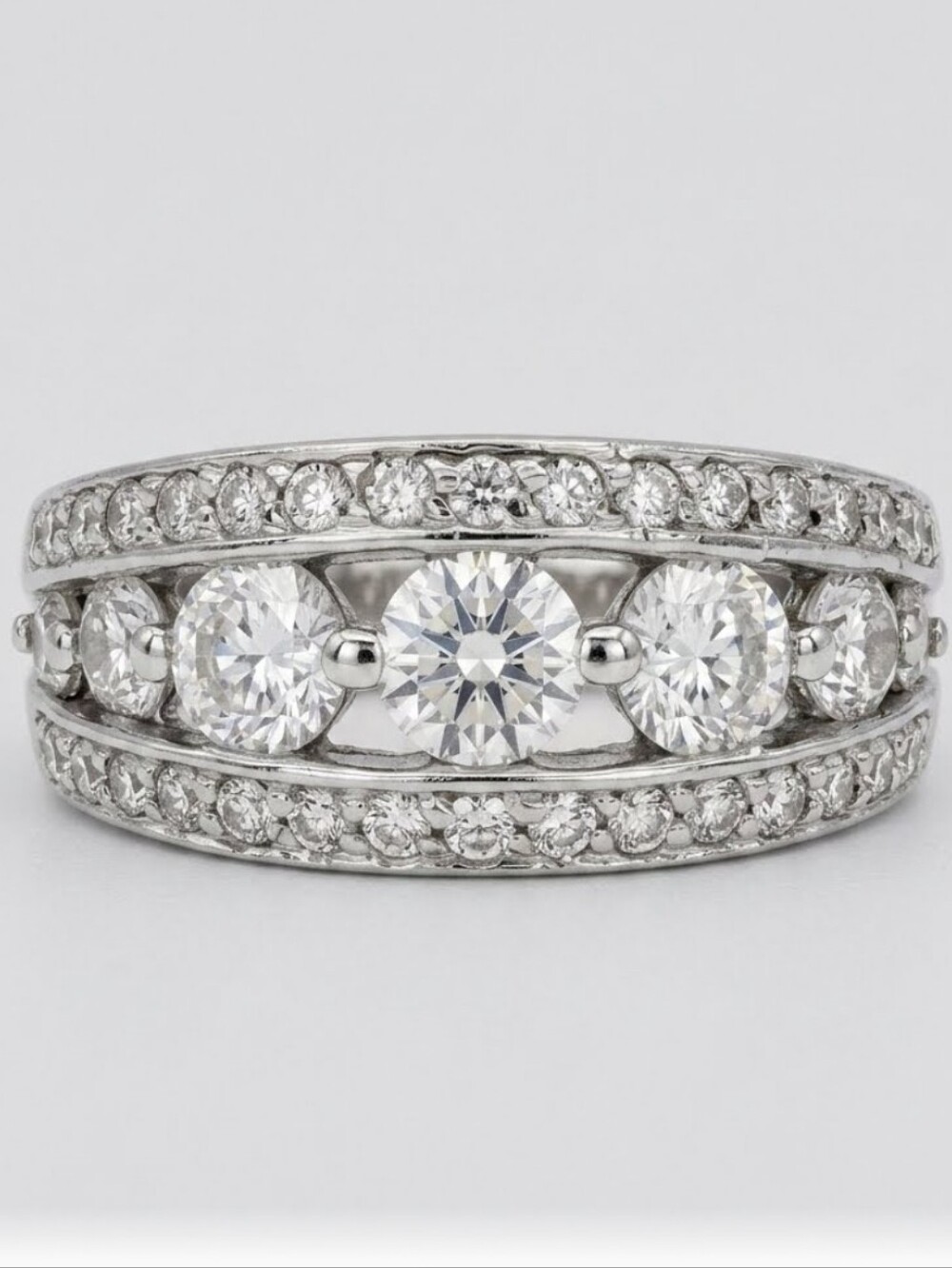 Three-Stone Pavé Faux Diamond Band Ring in Silver Tone-Signed
